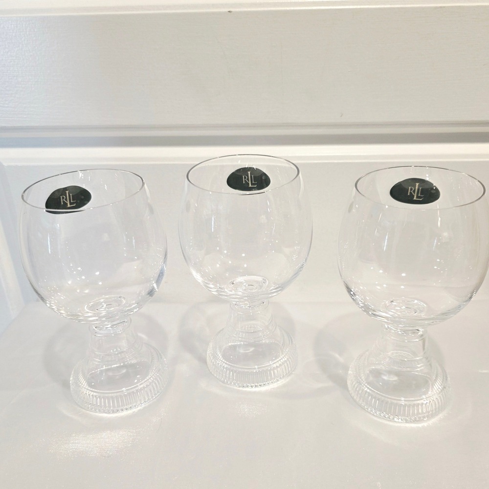 Ralph Lauren‎ Crystal Water Goblets Set of 3 Ribbed Pedestal Base Clear RL Home